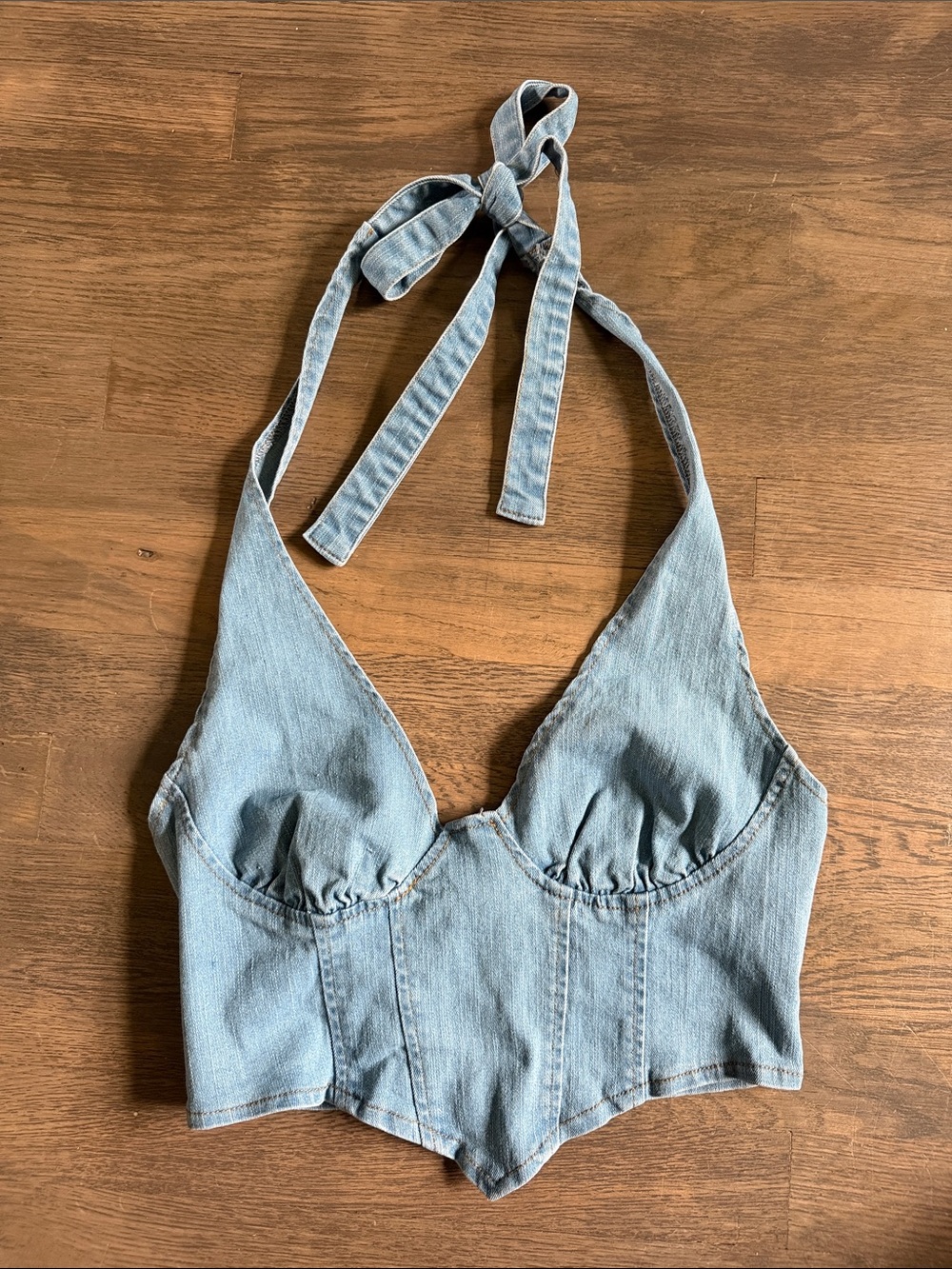 Stretchy Denim Halter Neck Crop Top